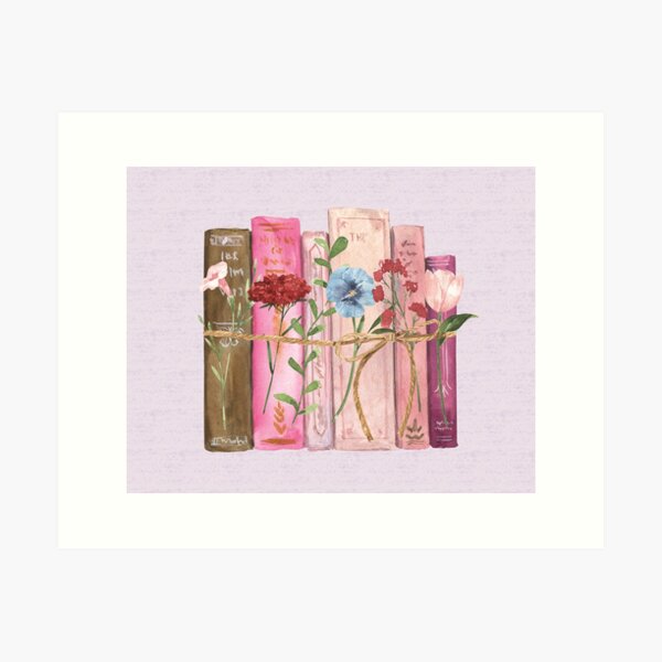 Aperçu de l'œuvre Aquarelle de fleurs roses et violettes et de livres créée et vendue par Nature Hues.