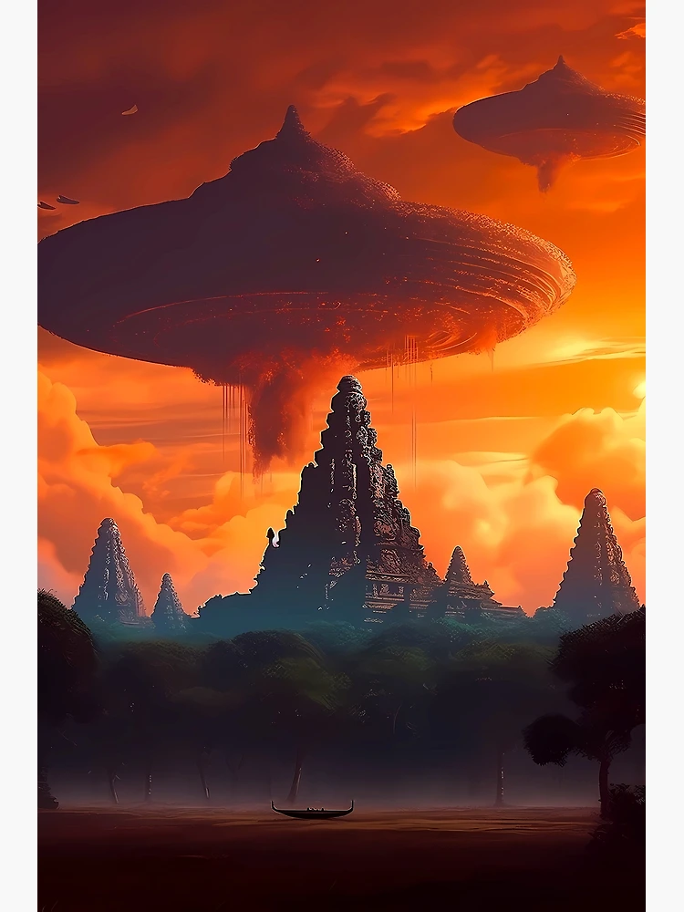 Thumbnail 3 of 3, Canvas Print, UFOs Over Angkor Wat designed and sold by ThePrintiverse.