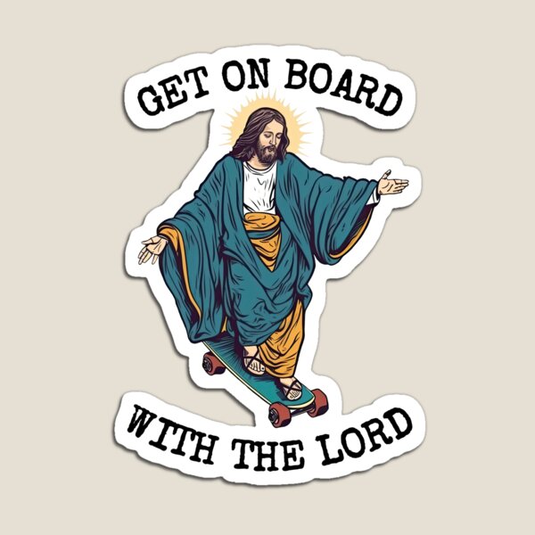 Aperçu de l'œuvre Humour chrétien drôle de skateboard - Montez à bord avec le Seigneur - Longboard de patinage de Jésus sarcastique créée et vendue par RockFireMerch.
