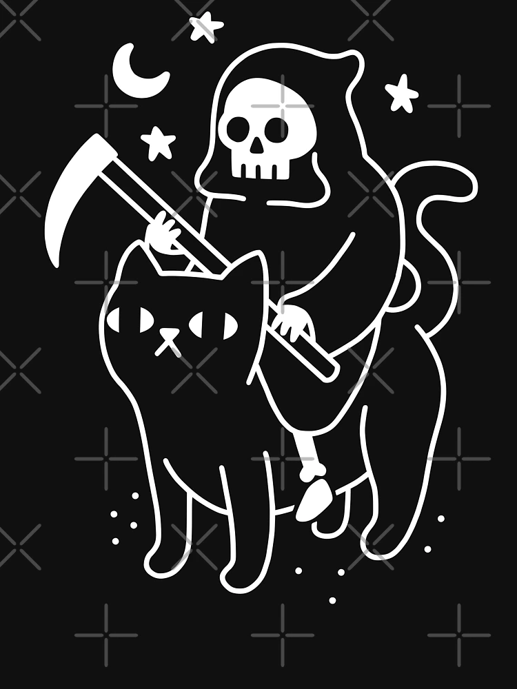 Aperçu 7 sur 7. T-shirt classique avec l'œuvre La mort chevauche un chat noir créée et vendue par obinsun.