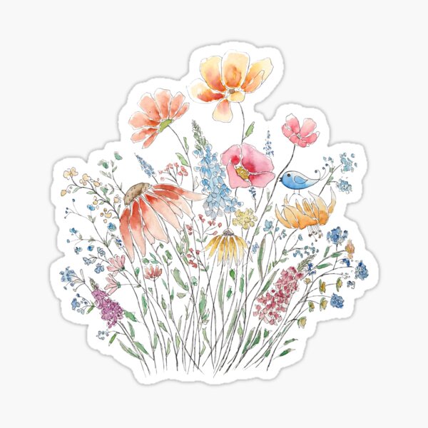 Aperçu de l'œuvre bouquet de fleurs sauvages peint à la main et ligne d'oiseau bleu et aquarelle 2 créée et vendue par SelenePaintings .