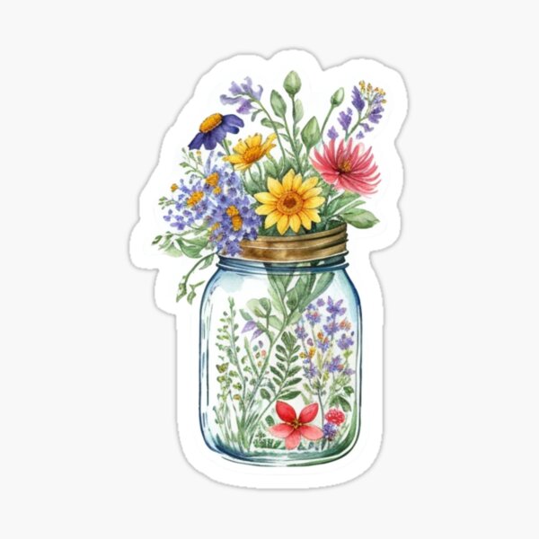 Aperçu de l'œuvre De jolies fleurs sauvages colorées à l'aquarelle dans un pot Mason créée et vendue par BBGIFTSUK.