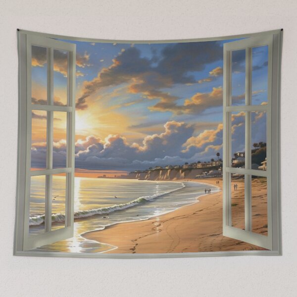 Aperçu de l'œuvre Vue de la fenêtre d'une plage au lever du soleil créée et vendue par zand-n-zive.