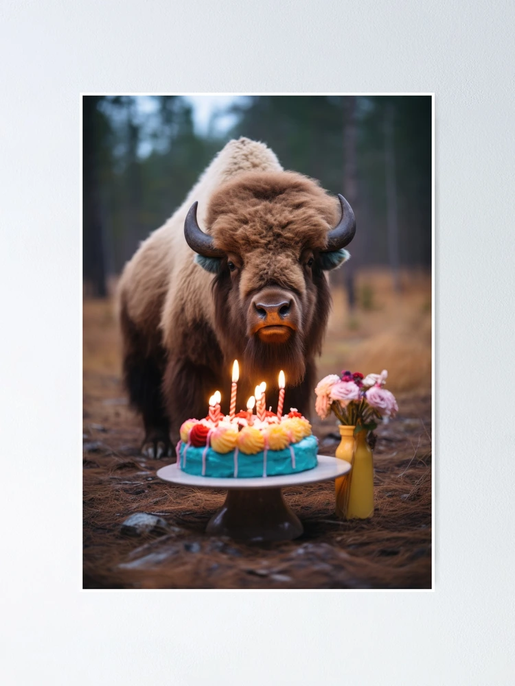 Thumbnail 1 of 3, Poster, Bison with Birthday Cake designed and sold by OddCorro.
