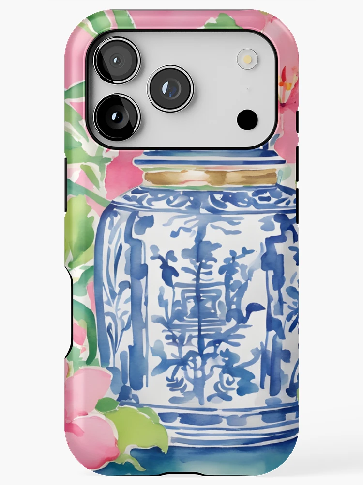 Thumbnail 1 of 4, iPhone Case, Chinoiserie jar and pink lilies designed and sold by SophieClimaArt.