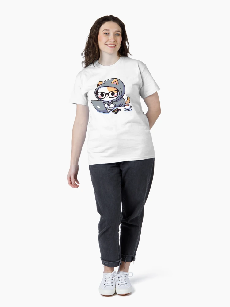 Imagen 4 de 7, Camiseta clásica con la obra Coder Cat: Sesiones impulsadas por el café, diseñada y vendida por PuffPuffPrint.