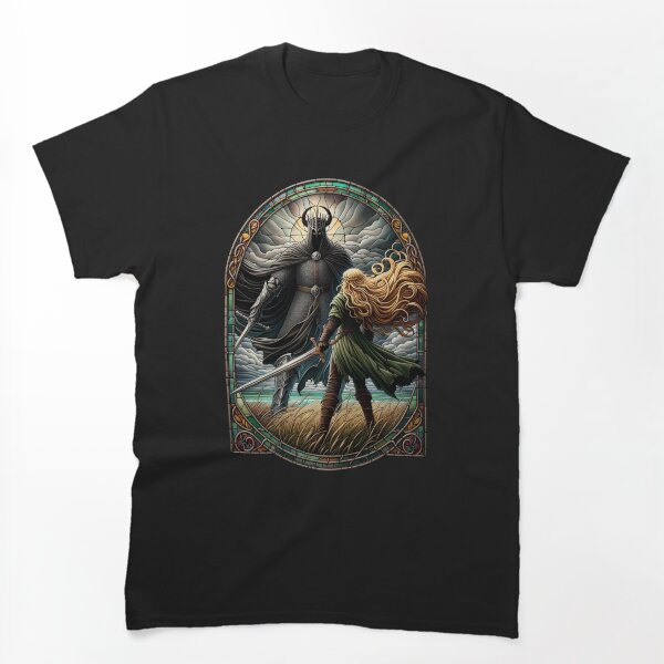 Aperçu de l'œuvre Duel épique en vitrail - Une jeune fille féroce et un spectre sombre - Fantasy créée et vendue par Fenay Designs.