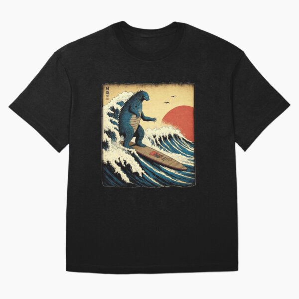 Item preview, Godzilla surfeando la gran ola de Hokusai Parodia divertida designed and sold by Robert Diebold.