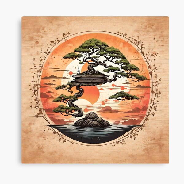 Item preview, Gráfico de camiseta de un bonsái mágico, textura pesada, diseño circular, fondo de puesta de sol, estilo japonés designed and sold by RAILGUNWII.