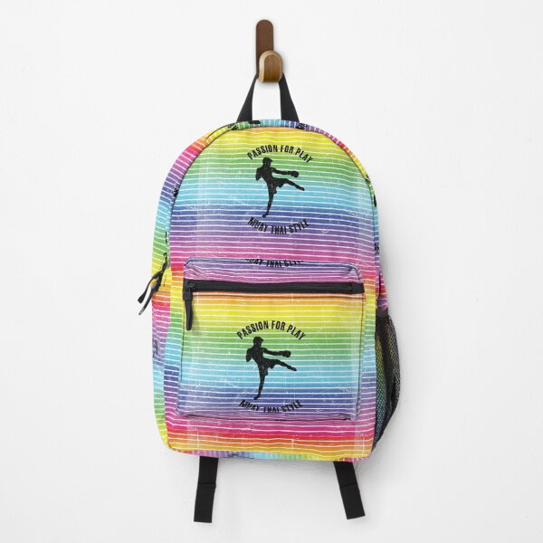 Item preview, Black silhouette of a man training muay thai against the background of rainbow stripes designed and sold by HarridanCreates.