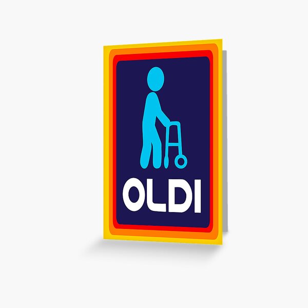 Aperçu de l'œuvre Carte d’anniversaire effrontée « OLDI » – Jeu de mots plein d’esprit sur Aldi, blague ludique sur le vieillissement, vœux humoristiques sur la colline, célébration du thème du shopping amusant créée et vendue par SoulValleyUK.