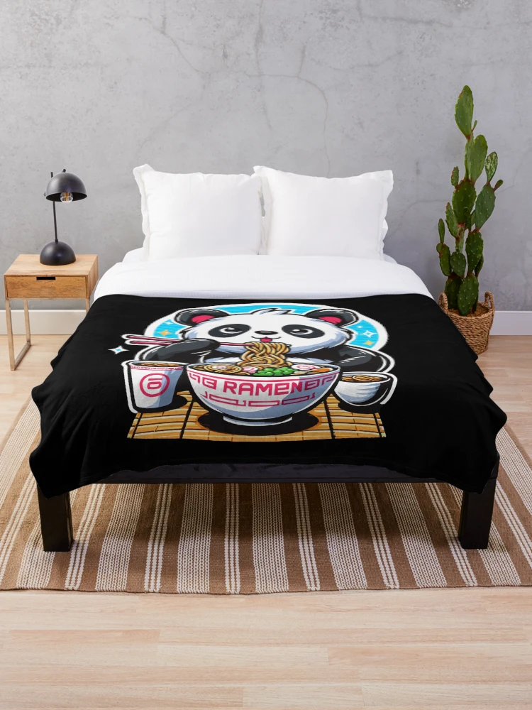 Thumbnail 1 of 6, Throw Blanket, Kawaii Panda Eat Ramen designed and sold by Designowner.