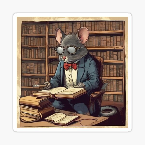 Aperçu de l'œuvre Souris lisant un livre dans une vieille bibliothèque avec des lunettes et une lampe à huile créée et vendue par butikoshop.