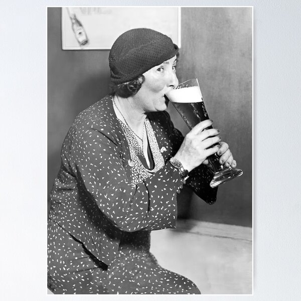 Item preview, Mujer bebiendo cerveza, foto antigua en blanco y negro designed and sold by modernretro.