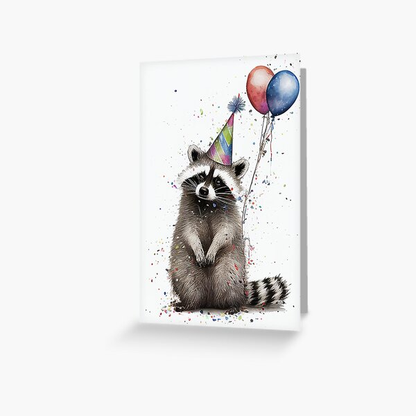 Aperçu de l'œuvre Motif d'anniversaire avec raton laveur et chapeau de fête créée et vendue par TringTringCards.