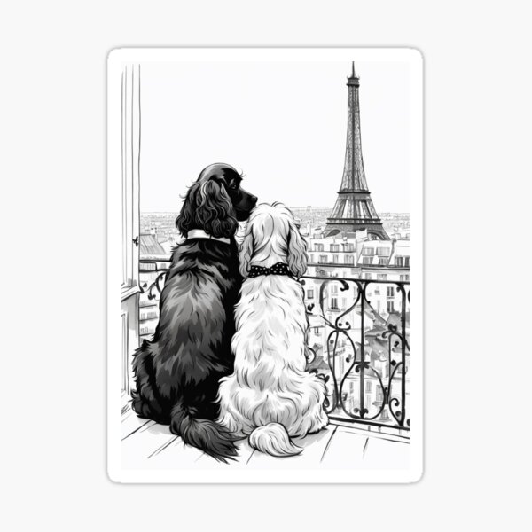 Aperçu de l'œuvre Deux chiens cocker spaniel de Pâques regardant la tour Eiffel de Paris, fond d'écran de chien de Pâques, photo de chien de Pâques, créée et vendue par Coolparrotgirl.