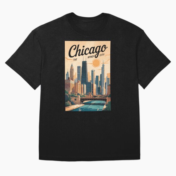 Aperçu de l'œuvre Art de voyage vintage sur la ligne d'horizon de Chicago, Illinois créée et vendue par KrisSidDesigns.