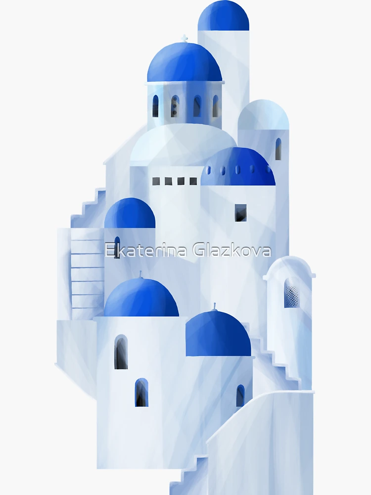 Aperçu 3 sur 3. Sticker avec l'œuvre Île de Santorin en Grèce créée et vendue par Ekaterina Glazkova.