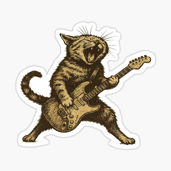 Aperçu de l'œuvre Chat rock star jouant de la guitare électrique style vintage créée et vendue par MiracleBarto.