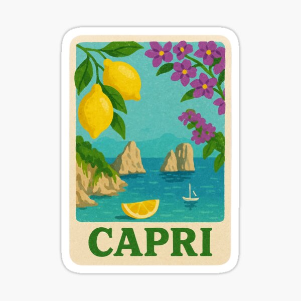 Aperçu de l'œuvre Capri, Italie – Art de voyage vintage | Citrons, mer et arche rocheuse des Faraglioni créée et vendue par Passeggiata Prints.