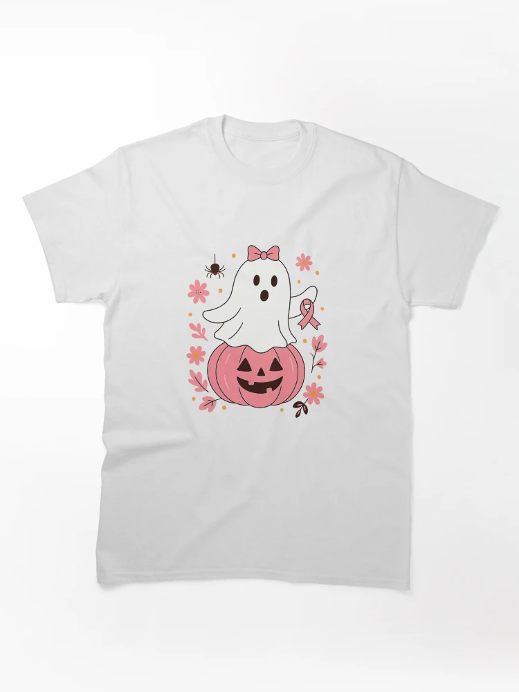 Aperçu 1 sur 7. T-shirt classique avec l'œuvre Fantôme drôle d'Halloween Ruban rose Sensibilisation au cancer du sein créée et vendue par diyoor.