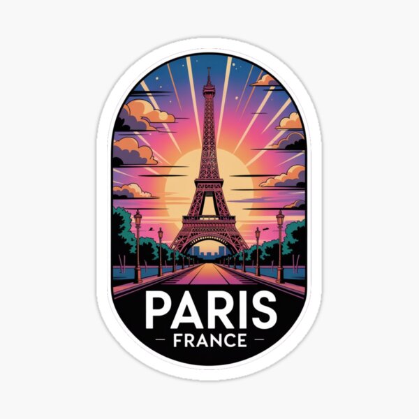 Aperçu de l'œuvre autocollant de voyage de style rétro représentant la Tour Eiffel à Paris, France. créée et vendue par Paper Drip.