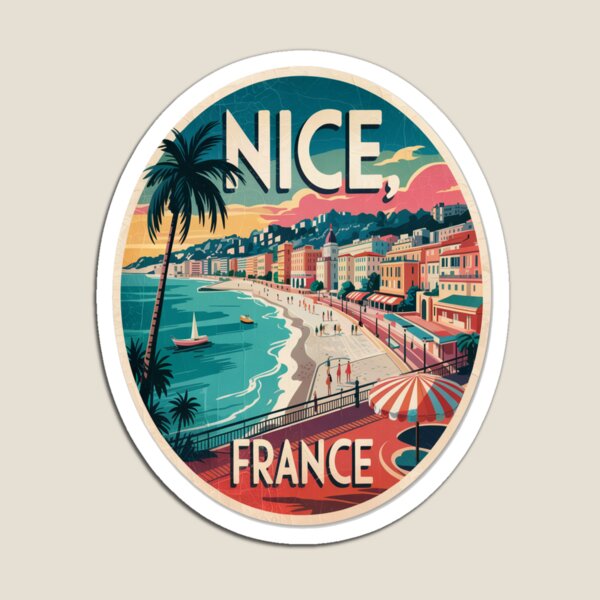 Aperçu de l'œuvre Autocollant de voyage rétro Nice France Côte d'Azur créée et vendue par stickercuffs.
