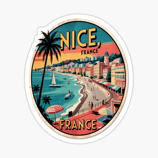 Aperçu de l'œuvre Autocollant de voyage rétro Nice France Côte d'Azur créée et vendue par stickercuffs.