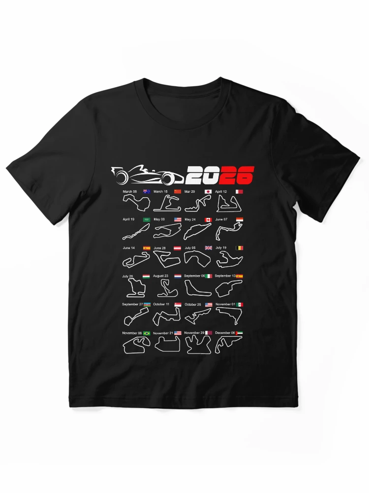 Imagen 1 de 7, Camiseta esencial con la obra Calendario de carreras de Fórmula 1 2026 Circuitos v2, diseñada y vendida por ideasfinder.