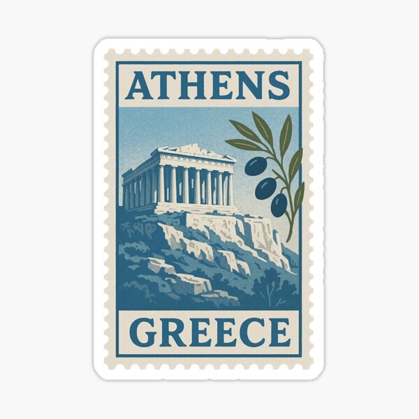 Aperçu de l'œuvre Timbre vintage Athènes, Grèce | Art postal de voyage classique | Graphique de paysage urbain historique | Typographie rétro des monuments grecs | Illustration souvenir européenne intemporelle créée et vendue par PaintedPixels01.