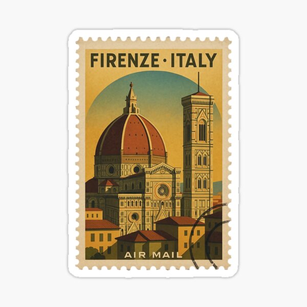 Aperçu de l'œuvre Timbre vintage de Florence, Italie | Illustration Florence rétro inspirée du voyage | Art italien façon carte postale ancienne | Typographie classique des destinations européennes | Esthétique intemporelle du voyage italien créée et vendue par PaintedPixels01.