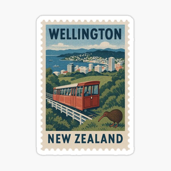 Aperçu de l'œuvre Timbre vintage authentique représentant Wellington, Nouvelle-Zélande | Art postal rétro | Illustration classique du patrimoine néo-zélandais | Objet de collection de voyage nostalgique créée et vendue par PaintedPixels01.