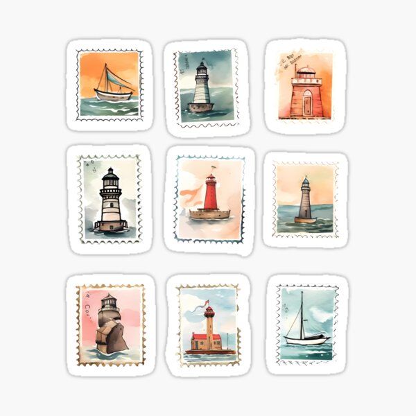 Aperçu de l'œuvre Timbres-poste côtiers aquarelles pour journal intime | Scrapbooking | Phare | Bateau | Nautique créée et vendue par gyenayme.