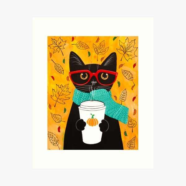 Item preview, Autumn Pumpkin Coffee Cat designed and sold by KilkennyCat Art.