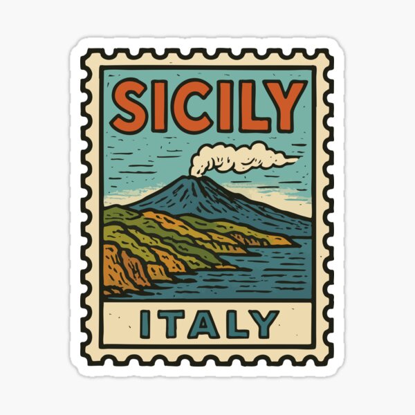 Aperçu de l'œuvre Timbre rétro de voyage Sicile Etna Italie créée et vendue par TomFrontierArt.