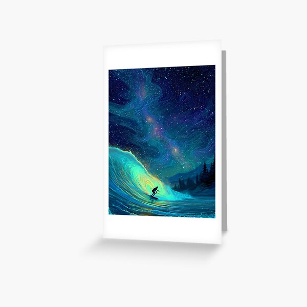 Aperçu de l'œuvre Surfeur surréaliste sur une vague lumineuse sous un ciel étoilé créée et vendue par SuperCaseCenter.