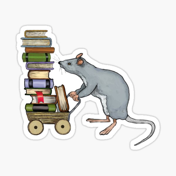Aperçu de l'œuvre Souris transportant des livres dans son chariot, passionnée de livres, bibliophile créée et vendue par JoyfulWhimsy.