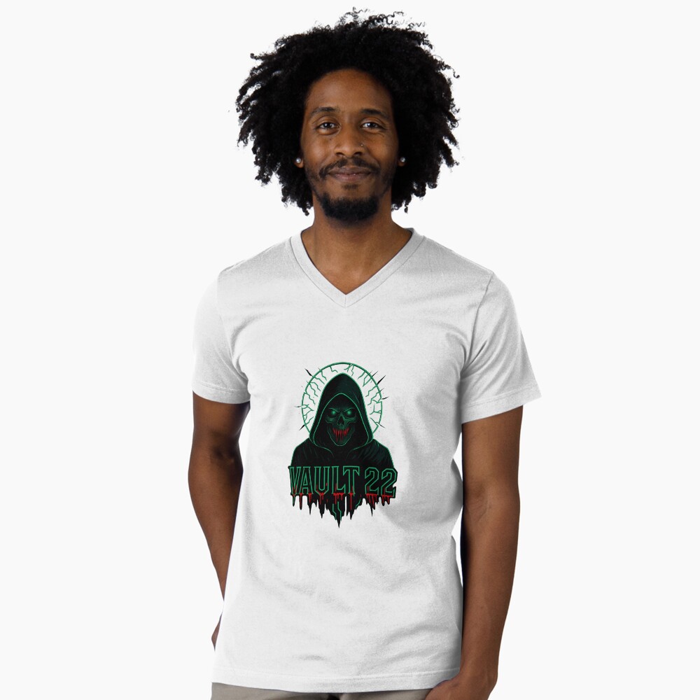 Vista previa del artículo con la obra «Camiseta de cuello en V», diseñado y vendido por Vault 22.