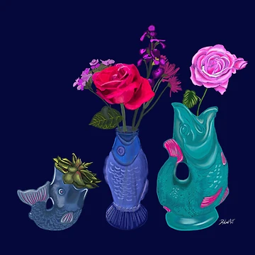 Artwork thumbnail, Fish Vase Combo-Navy by deblevart