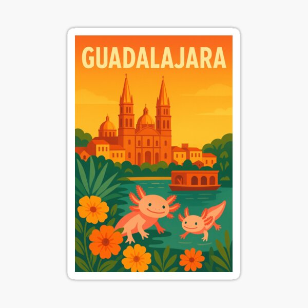 Aperçu de l'œuvre Cathédrale de Guadalajara Axolotls Voyage rétro mexicain créée et vendue par RetroPop23.
