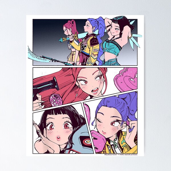 Item preview, Póster de viñetas del manhwa de cazadores de demonios Kpop Huntrix designed and sold by Emilia Maurice.