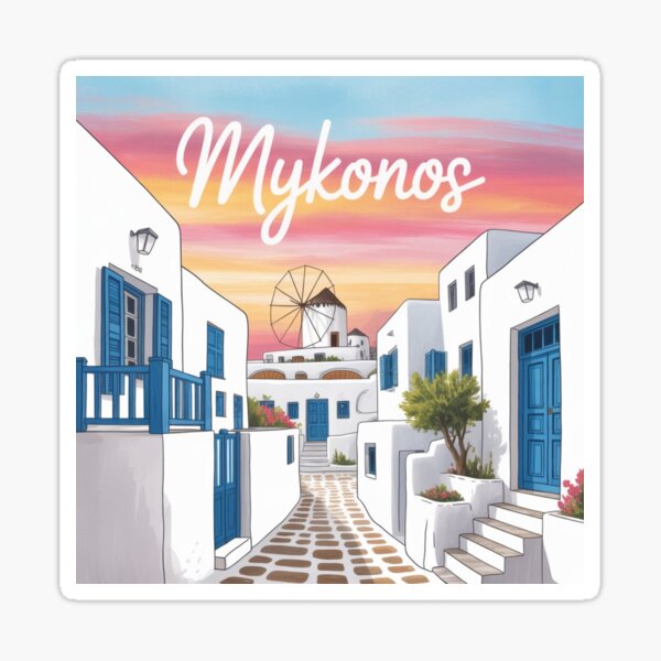 Artikelvorschau, Charmante Straße in Mykonos – Aquarell-Poster und Aufkleber aus Griechenland entworfen und verkauft von Timeless Design.