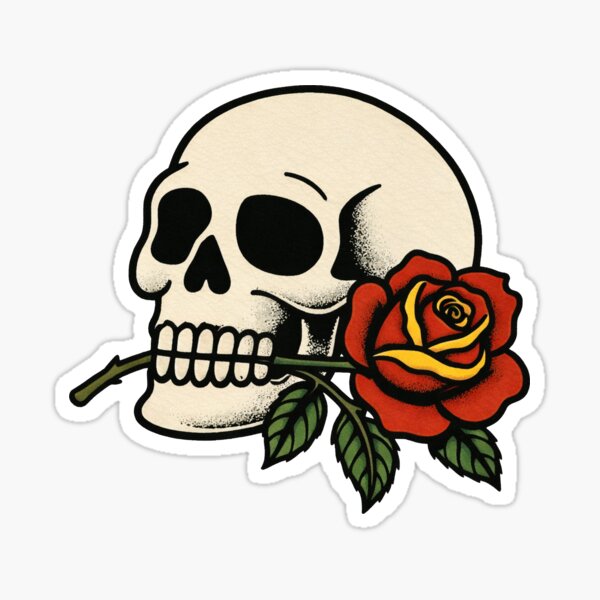 Aperçu de l'œuvre Tatouage traditionnel de crâne et de rose – Motif classique de mort à l'ancienne créée et vendue par Scandi-Design.