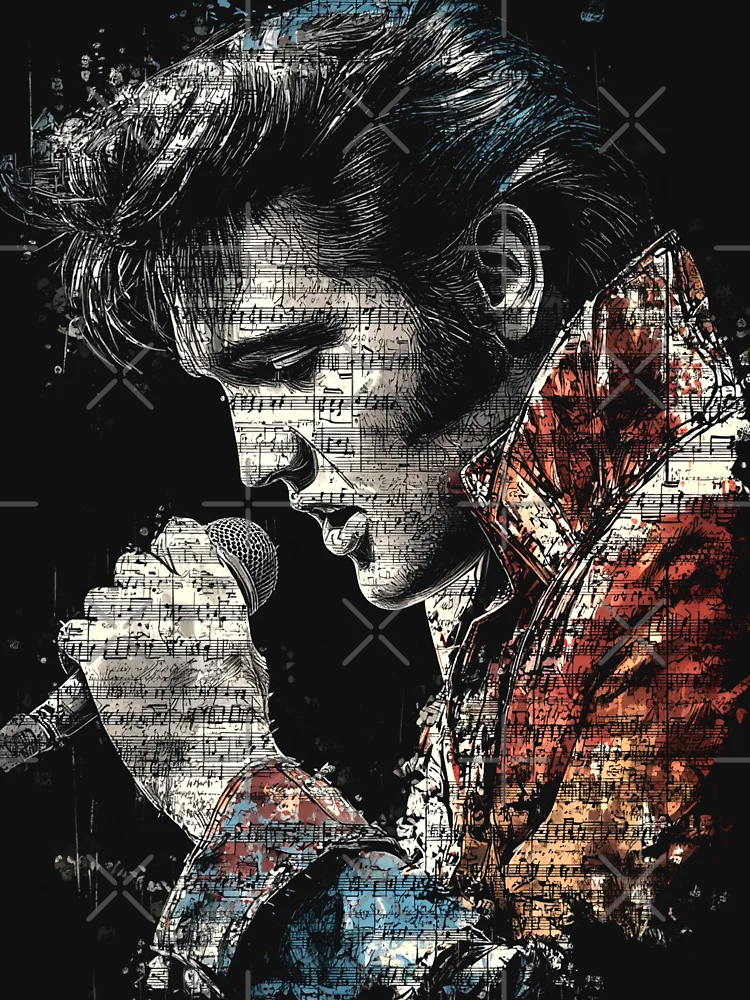 Aperçu 7 sur 7. T-shirt classique avec l'œuvre Elvis Presley, Roi du Rock 'n' Roll, Jailhouse Rock, Hound Dog, Chaussures en daim bleu, Combinaison Vegas, Comeback Special 68, Aloha Hawaii, Fan Art, Affiche, T-shirt, Autocollant, Cadeau créée et vendue par Senpaiwaves.