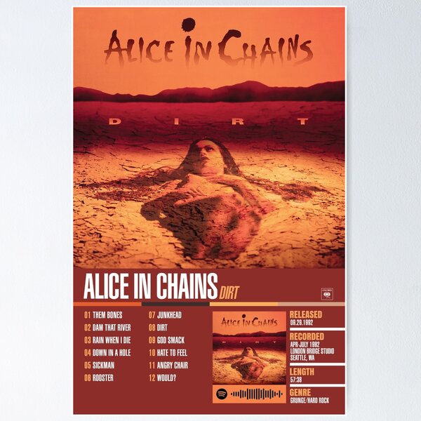 Item preview, Póster de la lista de canciones del álbum «Dirt» de Alice In Chains designed and sold by Remix Graphics.