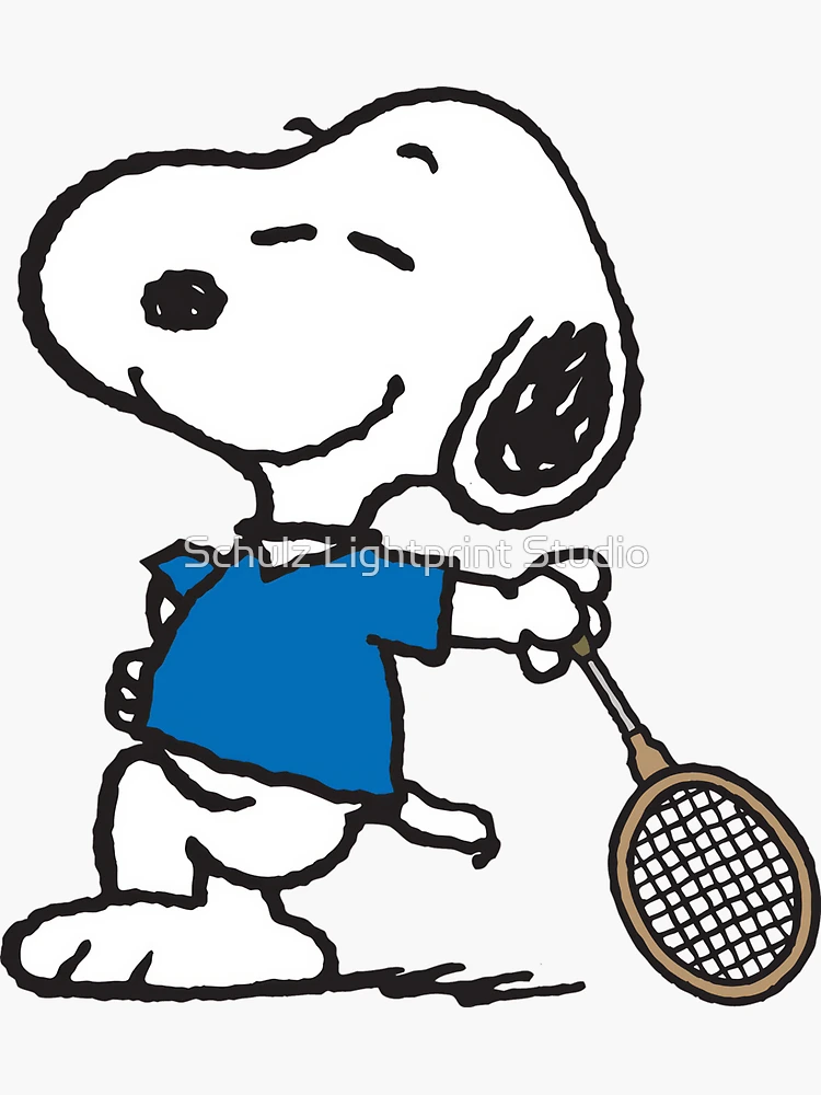 Imagen 3 de 3, Pegatina con la obra Snoopy, el icónico beagle de la tira cómica Peanuts, en su alter ego como el "Jugador de tenis mundialmente famoso"., diseñada y vendida por Schulz Lightprint Studio.