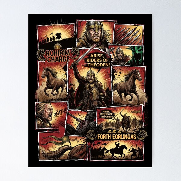 Item preview, Epic Rohirrim Cavalry Charge Lord of the Rings LOTR Rohan Horse Lords Helm's Deep Pelennor Fields Riders of Théoden Spear Shield Battle Collage Fan Art Poster T-Shirt Sticker Print Gift designed and sold by Senpaiwaves.