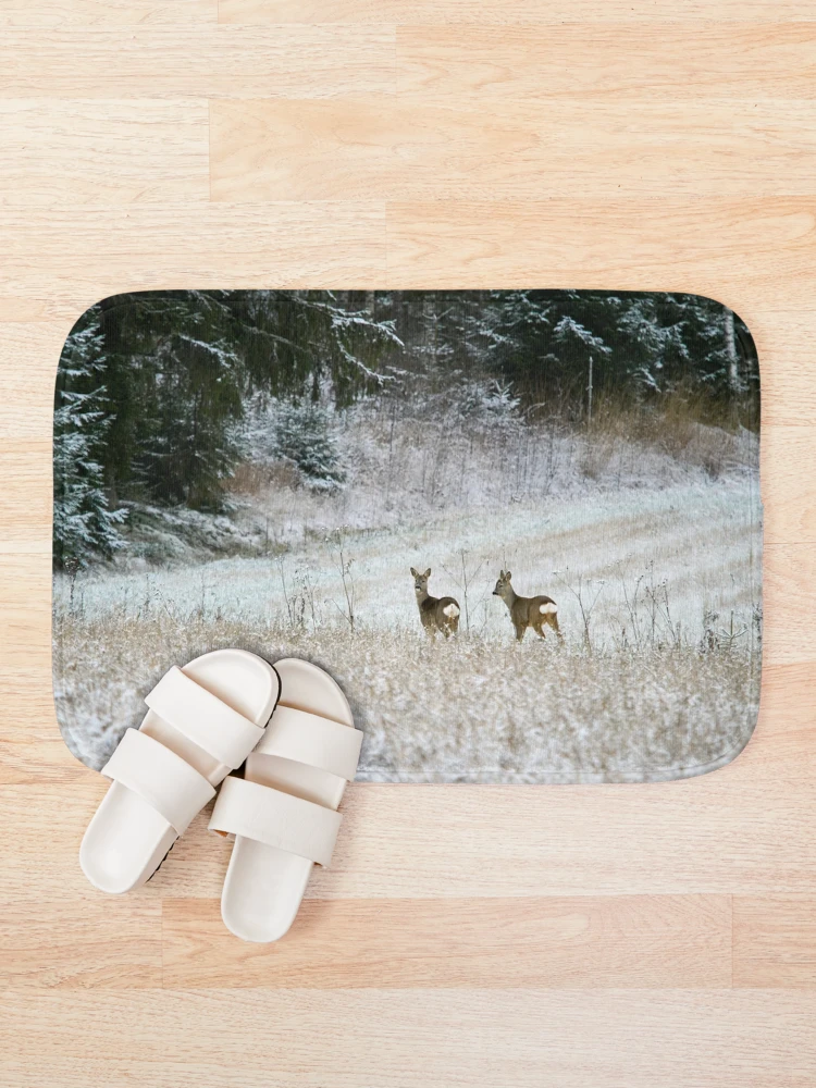 Thumbnail 1 of 6, Bath Mat, The frozen fields. Roe deer designed and sold by Jouko Lehto Photography.