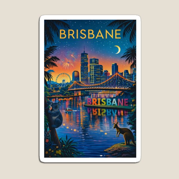 Aperçu de l'œuvre Le front de mer de Brisbane la nuit, avec le Story Bridge, les gratte-ciel et la faune sauvage du Queensland, en Australie. créée et vendue par Aryabek.