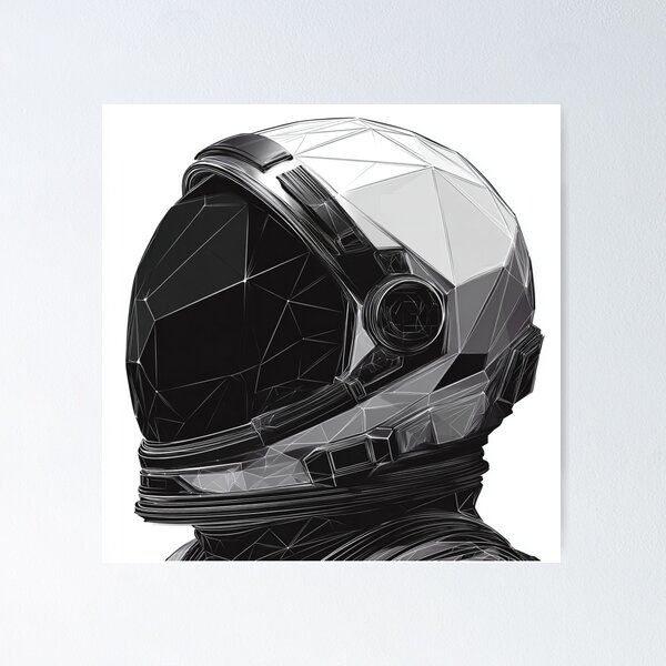 Item preview, Low Poly Astronaut Helmet | Geometric Sci-Fi Black and White designed and sold by TypoArtPrints.
